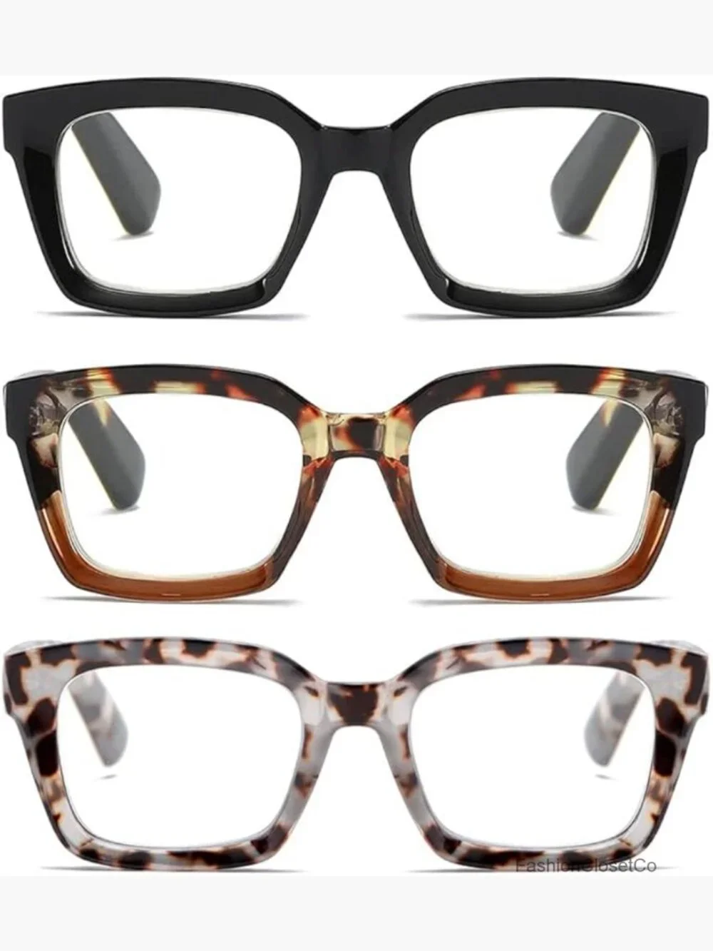 Fashion Square Reading Glasses with Spring Hinge Blue Light Blocking 3-Pack